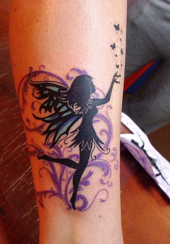 Silhouette Fairy With Flying Butterflies Tattoo Design For Leg