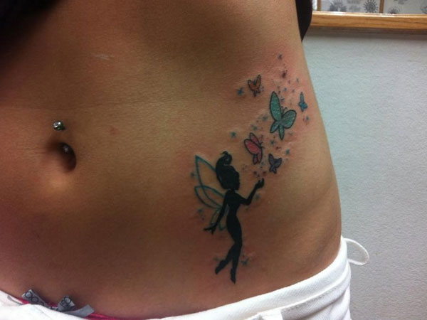 Silhouette Fairy With Flying Butterflies Tattoo On Girl Waist