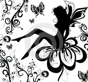 Silhouette Fairy With Flying Butterflies Tattoo Stencil