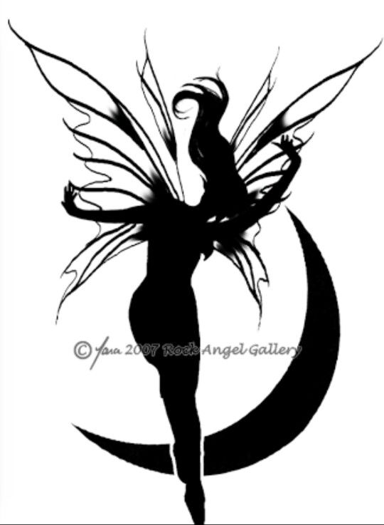 Silhouette Fairy With Half Moon Tattoo Design