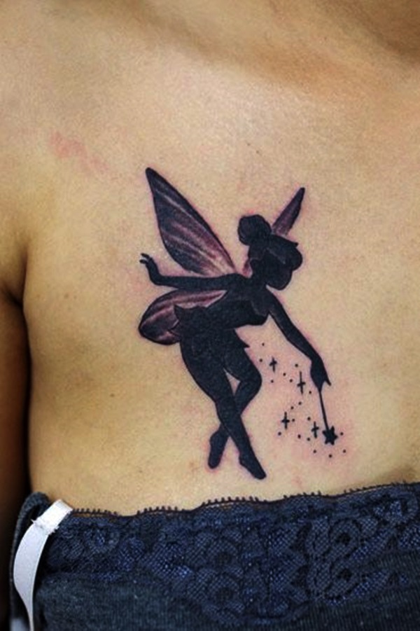 Silhouette Fairy With Magic Stick Tattoo On Girl Collarbone
