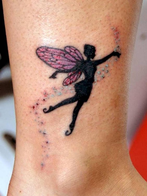Silhouette Fairy With Pink Wings And Fairy Dust Tattoo Design For Leg