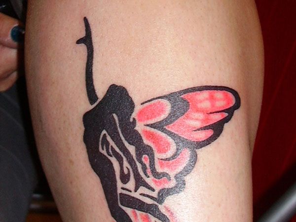 Silhouette Fairy With Pink Wings Tattoo Design For Half Sleeve