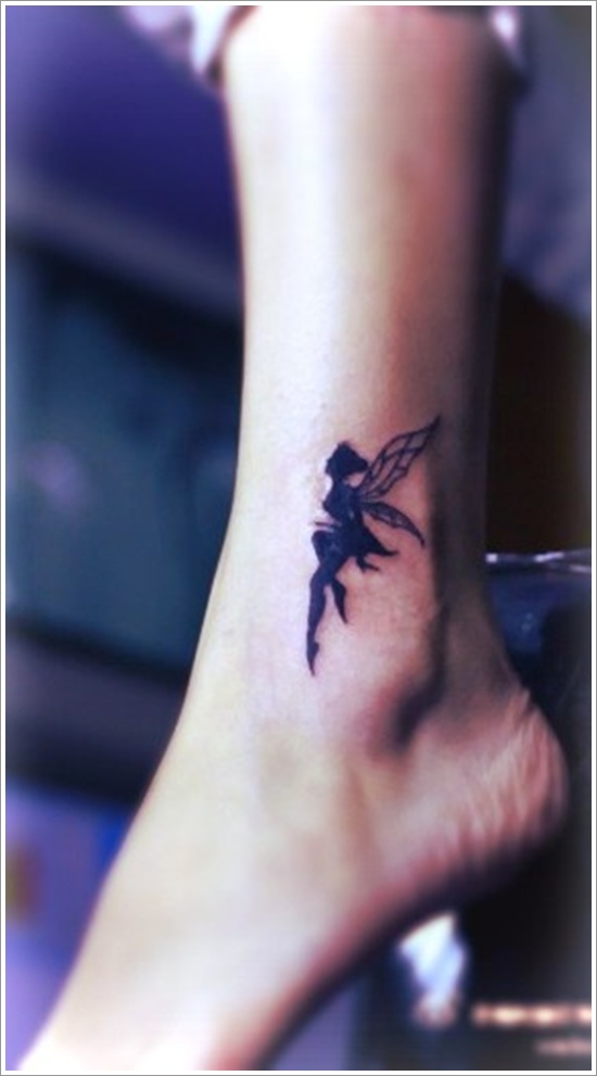 Silhouette Flying Fairy Tattoo On Girl Left Ankle