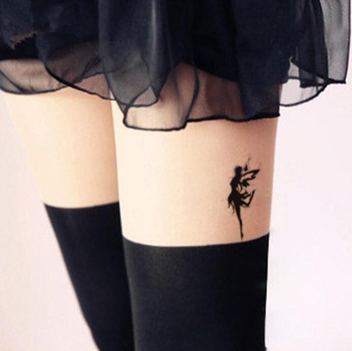 Silhouette Small Fairy Tattoo On Girl Left Side Thigh