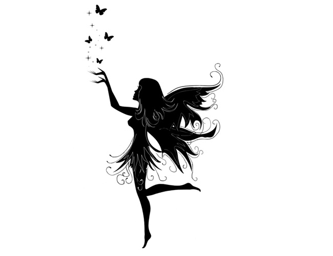 Silhouette Small Fairy With Flying Butterflies Tattoo Stencil