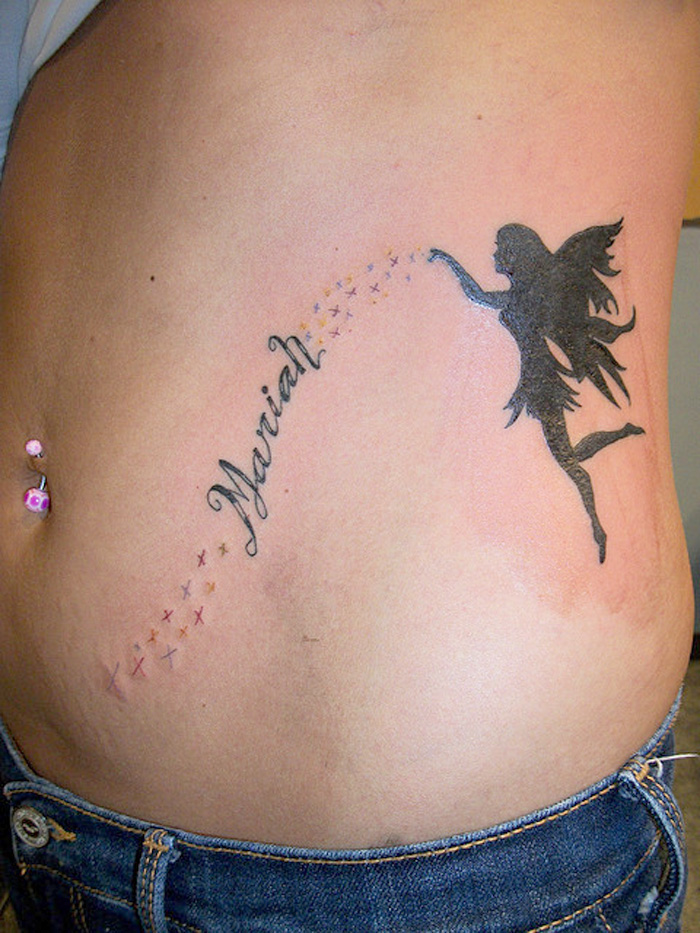 Silhouette Small Flying Fairy Tattoo On Left Side Rib By Wes Fortier