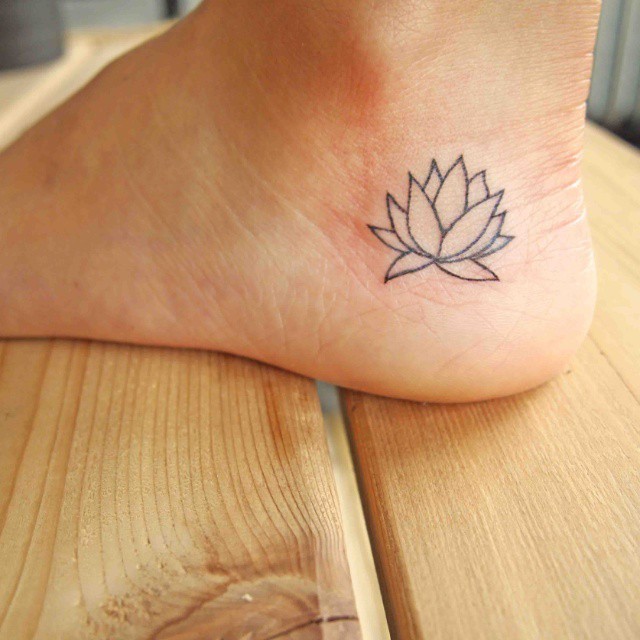 Simple Black Outline Lotus Tattoo On Left Ankle