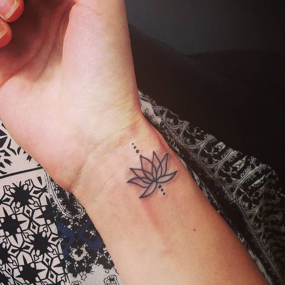 Simple Black Outline Lotus Tattoo On Right Wrist