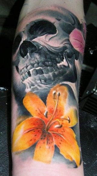Skull And Tiger Lily Tattoo On Sleeve