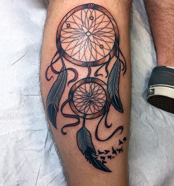 Small Flying Birds And Dreamcatcher Tattoo On Leg