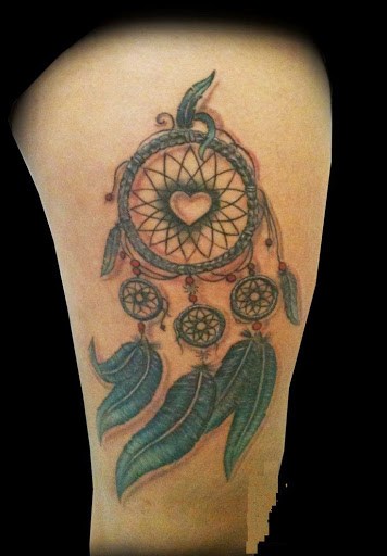 Small Heart In Dreamcatcher Tattoo On Side Thigh