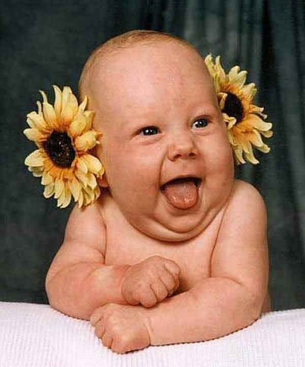 Smiling Funny Kid With Sunflowers Picture