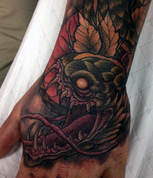 Snake Head Tattoo On Man Left Hand