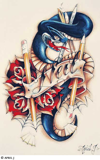 Snake With Roses And Banner Tattoo Design