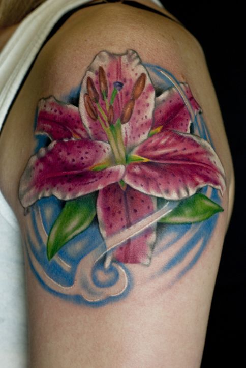Stargazer Lily Tattoo On Left Shoulder