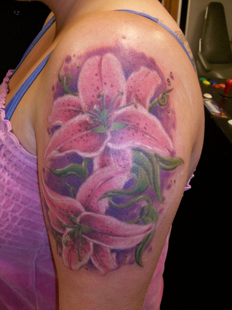 Stargazer Lily Tattoos On Left Half Sleeve.