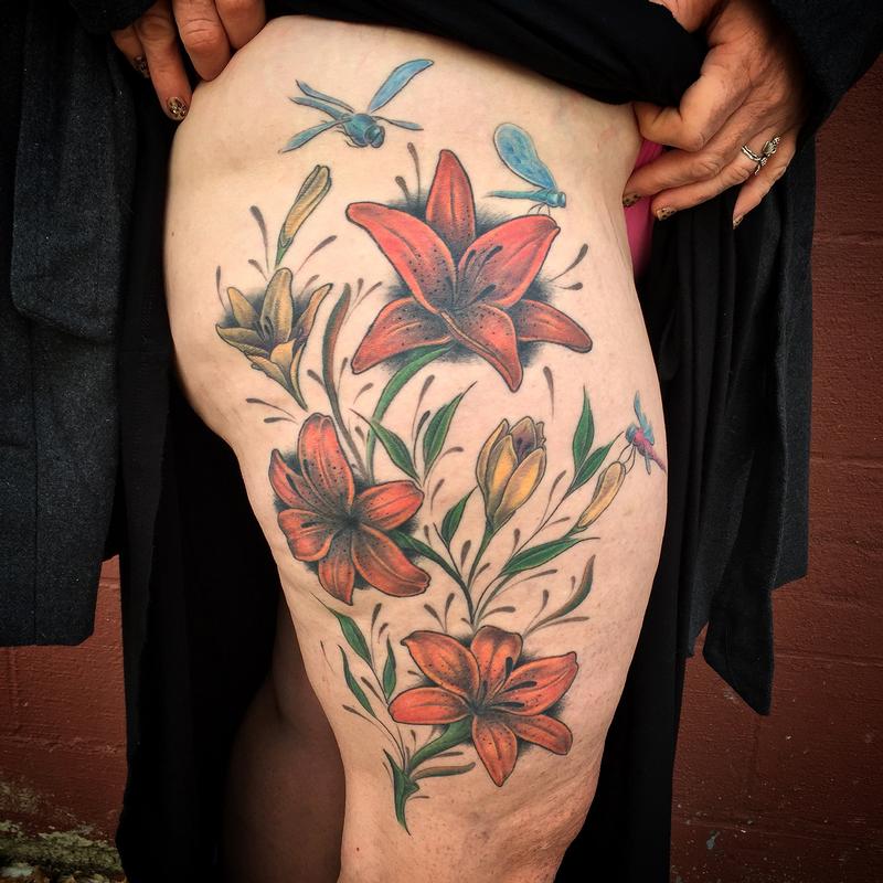 Stargazer Lily Tattoos On Side Leg
