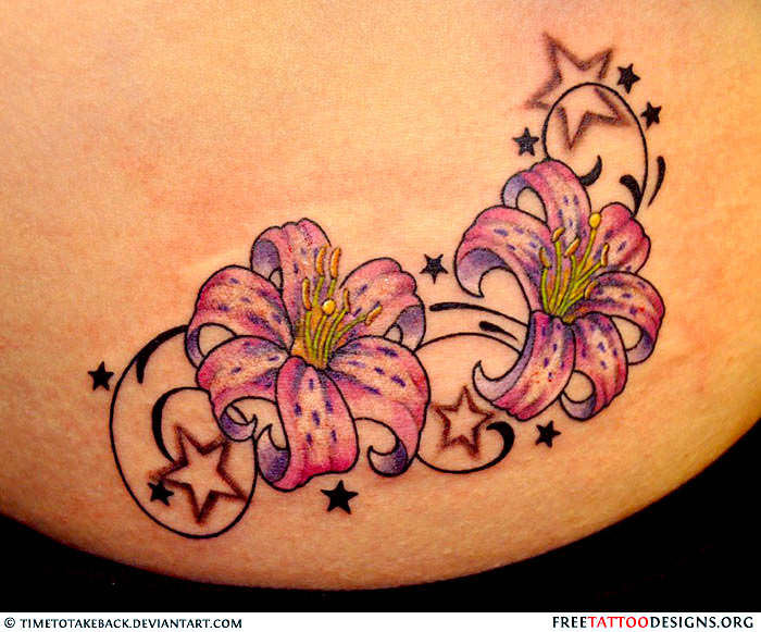 Stars And Tiger Lily Flowers Tattoos