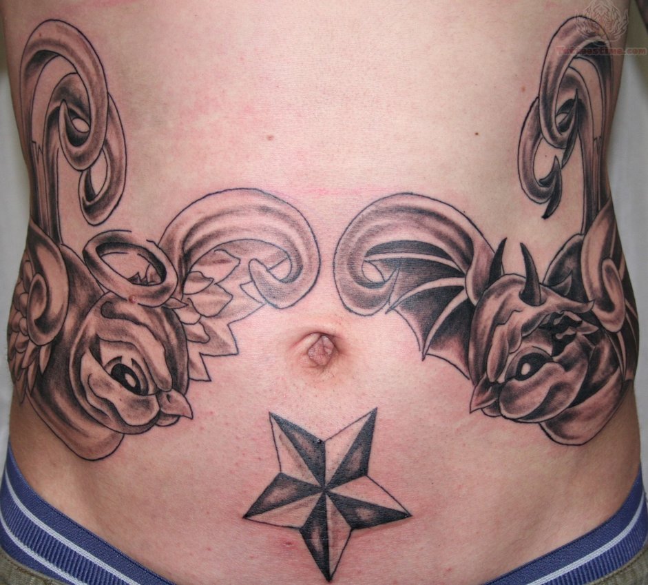 Swallows And Nautical Star Tattoo On Belly