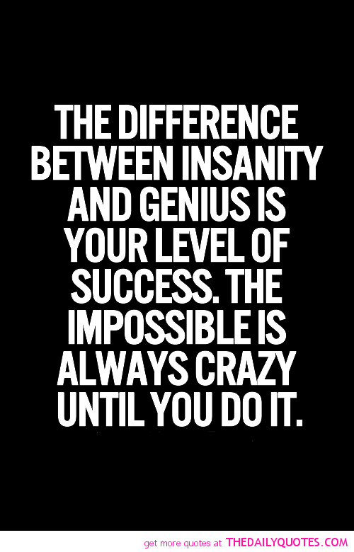 The difference between insanity and genius is your level of success. The impossible is always crazy until you do it