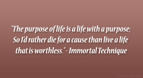 The purpose of life is a life with a purpose. So I’d rather die for a cause than live a life that is worthless. Immortal Technique