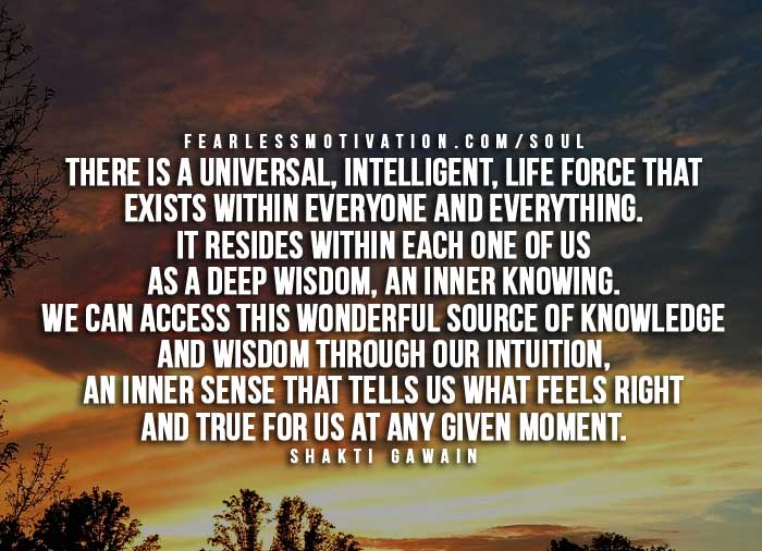 There is a universal, intelligent, life force that exists within everyone and everything. It resides within each one of us as a deep wisdom, an inner knowing.... Shakti Gawain