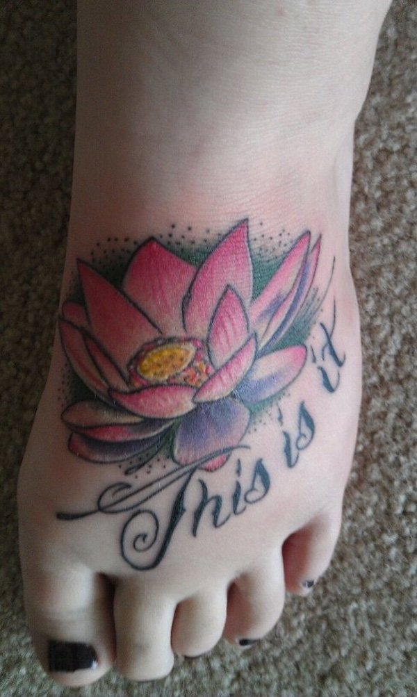 This Is It - Pink Ink Lotus Flower Tattoo On Girl Left Foot