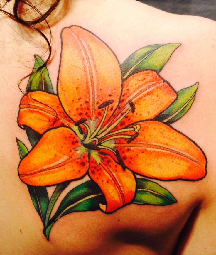 Tiger Lily Tattoo On Girl Right Back Shoulder
