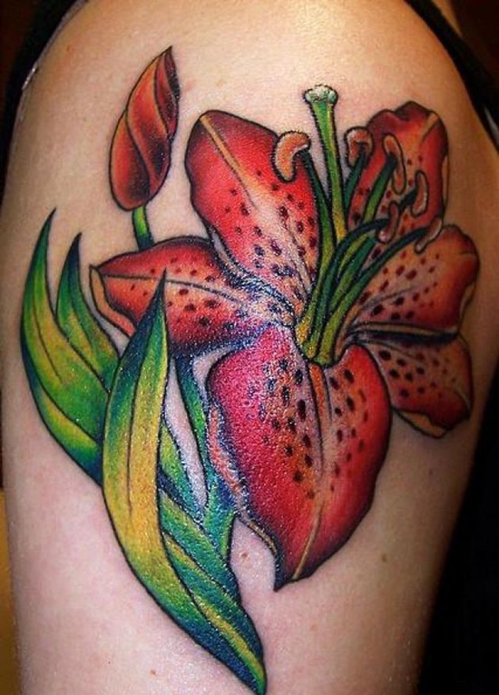 Tiger Lily Tattoo On Right Shoulder