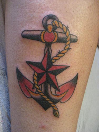 Traditional Anchor And Nautical Star Tattoo