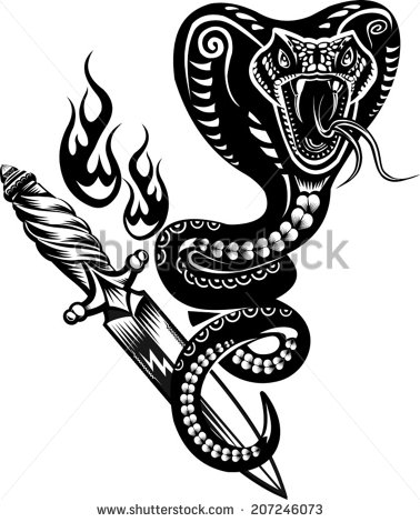 Traditional Black Ink Snake With Dagger Tattoo Stencil