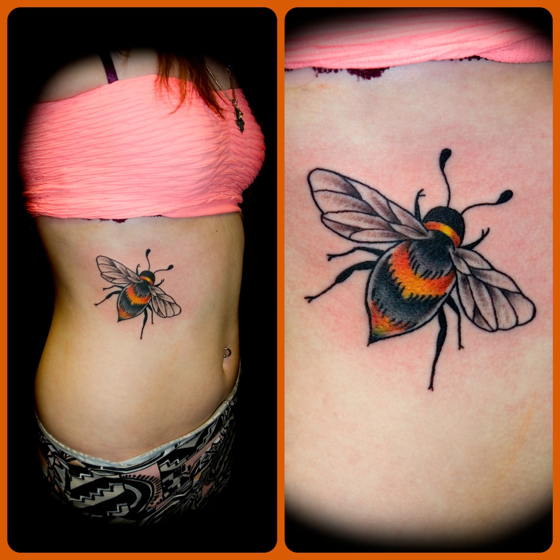 Traditional Bumblebee Tattoo On Women Right Side Rib