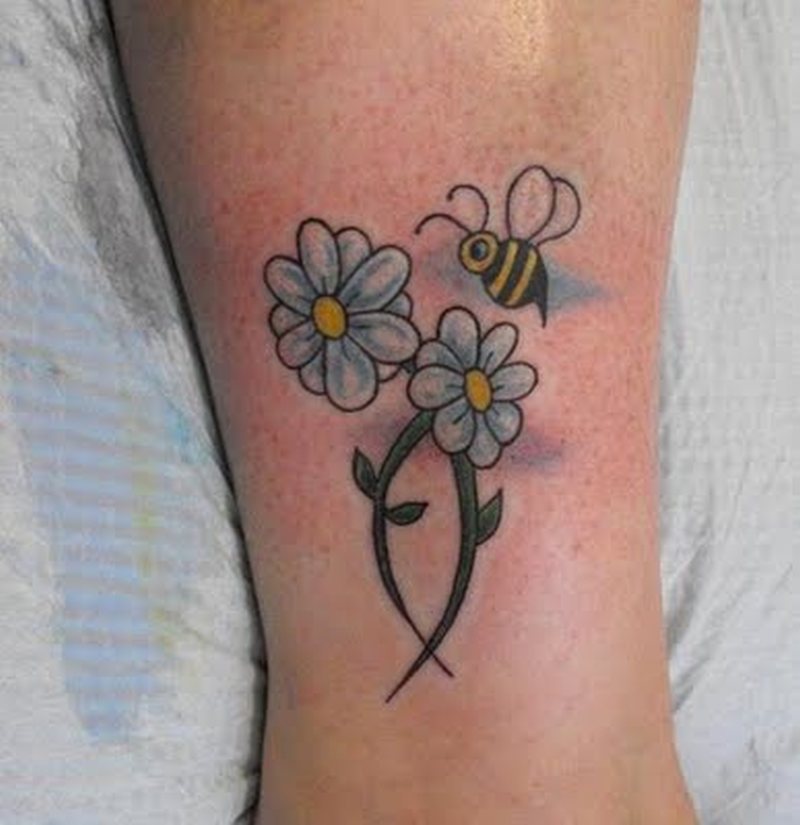 Traditional Bumblebee With Flowers Tattoo Design For Leg