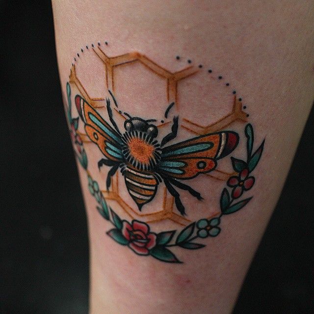 Traditional Bumblebee With Rose Tattoo Design For Sleeve