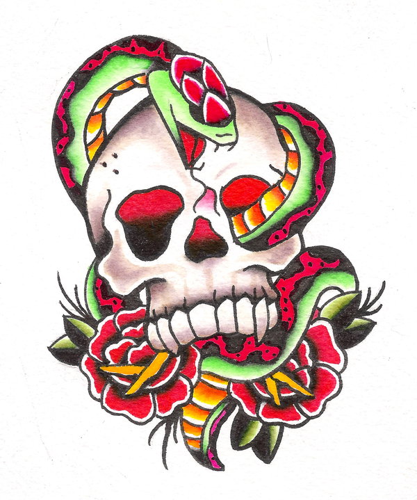 Traditional Chinese Snake In Skull With Roses Tattoo Design