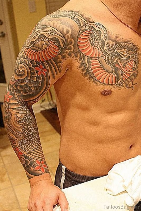 Traditional Chinese Snake Tattoo On Man Left Full Sleeve