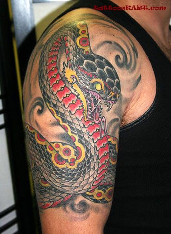 Traditional Chinese Snake Tattoo On Right Half Sleeve
