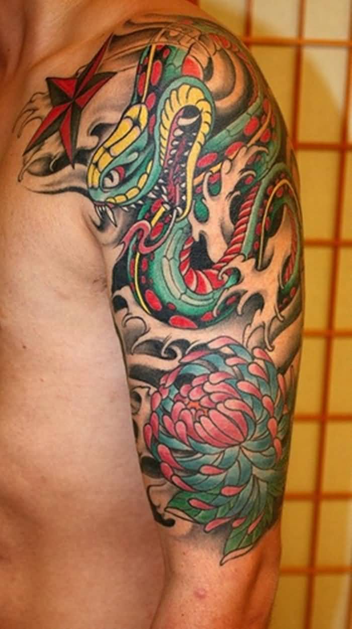 Traditional Chinese Snake With Flower Tattoo On Man Left Half Sleeve