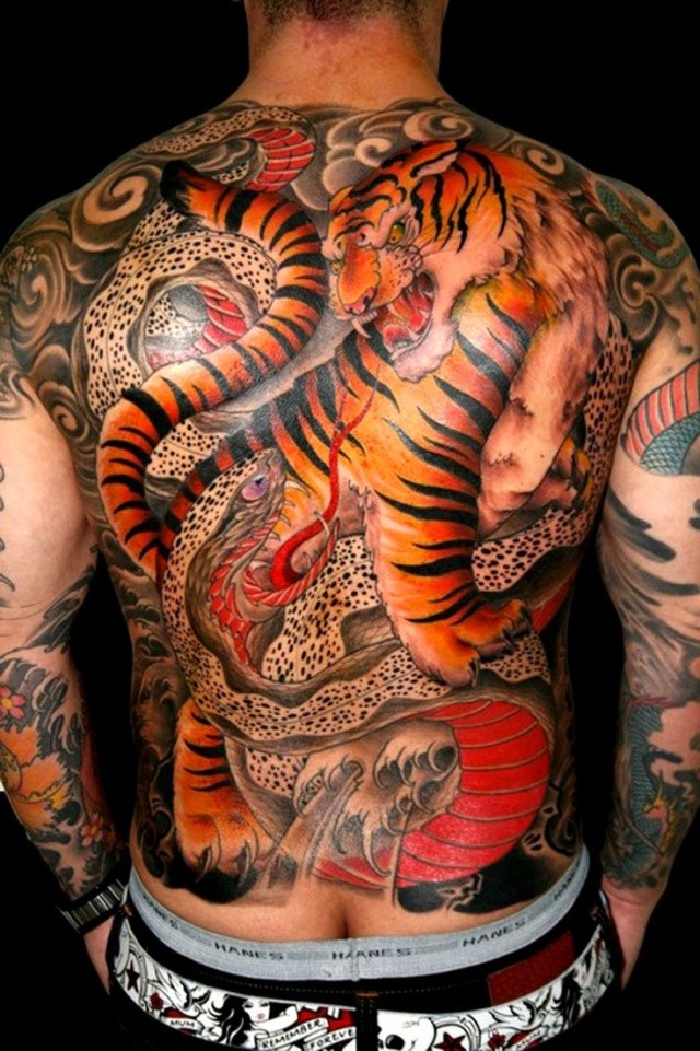 Traditional Chinese Snake With Tiger Tattoo On Man Full Back