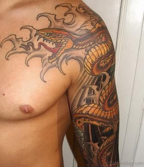 Traditional Cobra Snake Tattoo On Man Left Half Sleeve