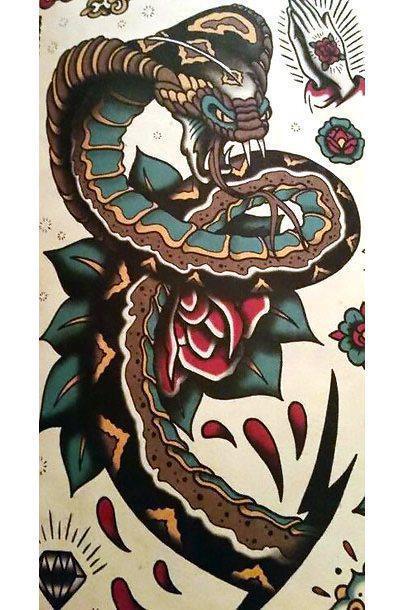 Traditional Cobra Snake With Rose Tattoo Design