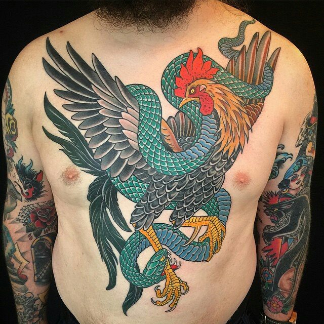 Traditional Cock With Snake Tattoo On Man Full Body