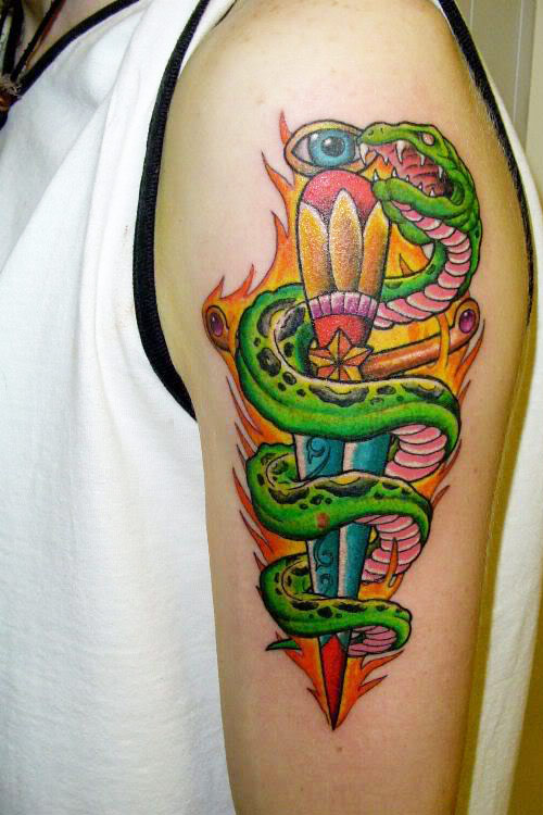 Traditional Colorful Dagger With Snake Tattoo On Left Half Sleeve