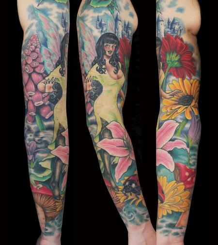Traditional Colorful Fairy With Flowers Tattoo On Right Full Sleeve