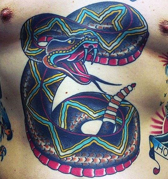 Traditional Colorful Rattlesnake Tattoo On Full Body