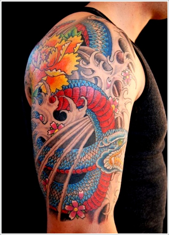 Traditional Colorful Snake With Flowers Tattoo On Man Right Half Sleeve