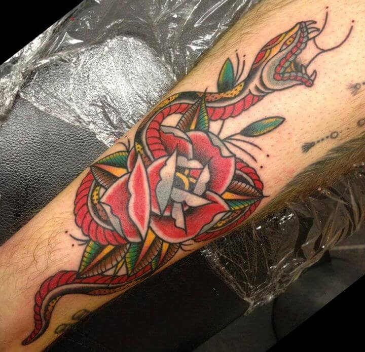 Traditional Colorful Snake With Rose Tattoo Design For Sleeve