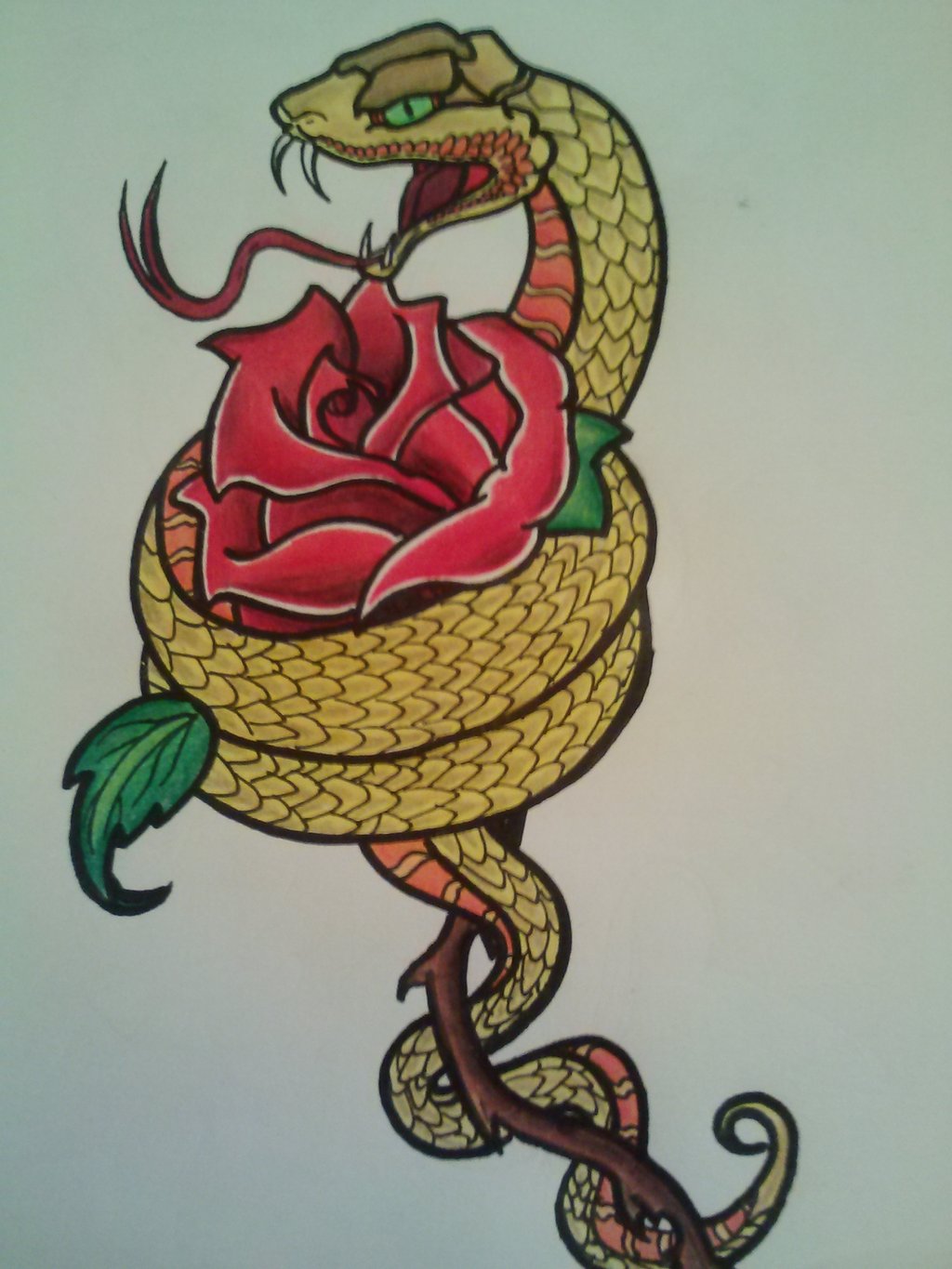 Traditional Colorful Snake With Rose Tattoo Design