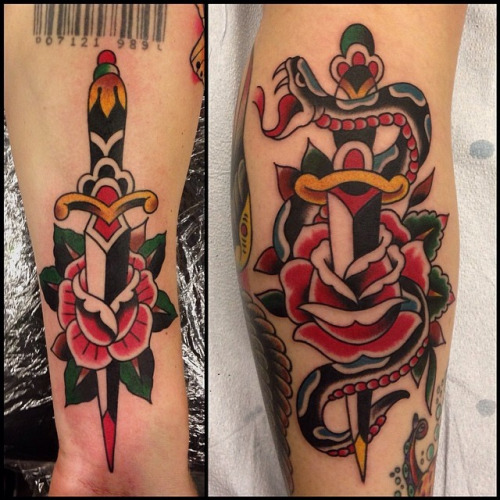 Traditional Dagger In Rose With Snake Tattoo Design For Leg Calf
